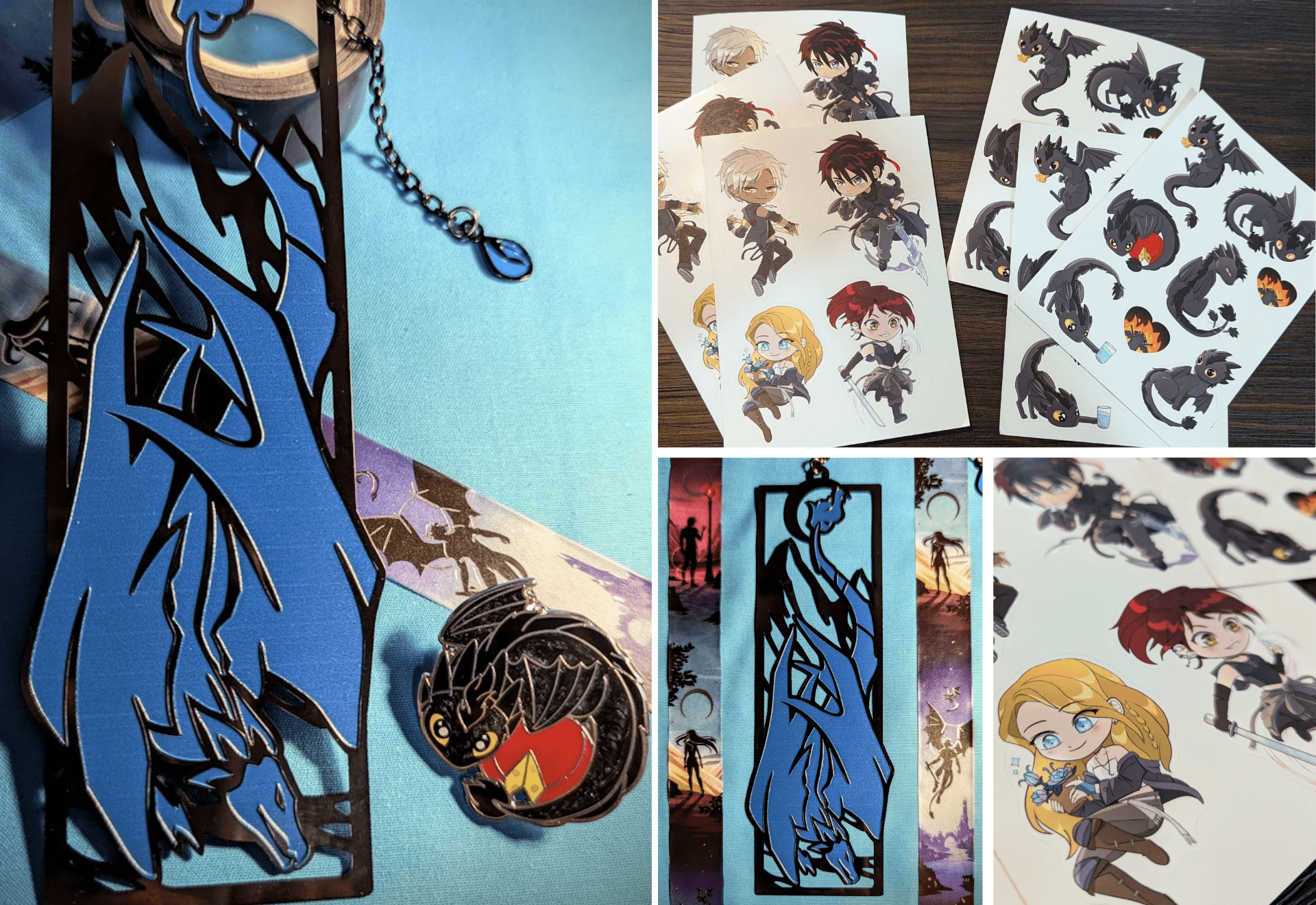 Collage of bookish goodies: character stickers, enamel pin, metal and enamel bookmark.